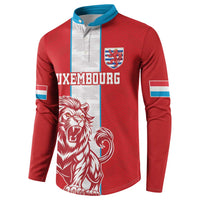 Red football button sweatshirt with blue collar, crest and lion front on panel graphic