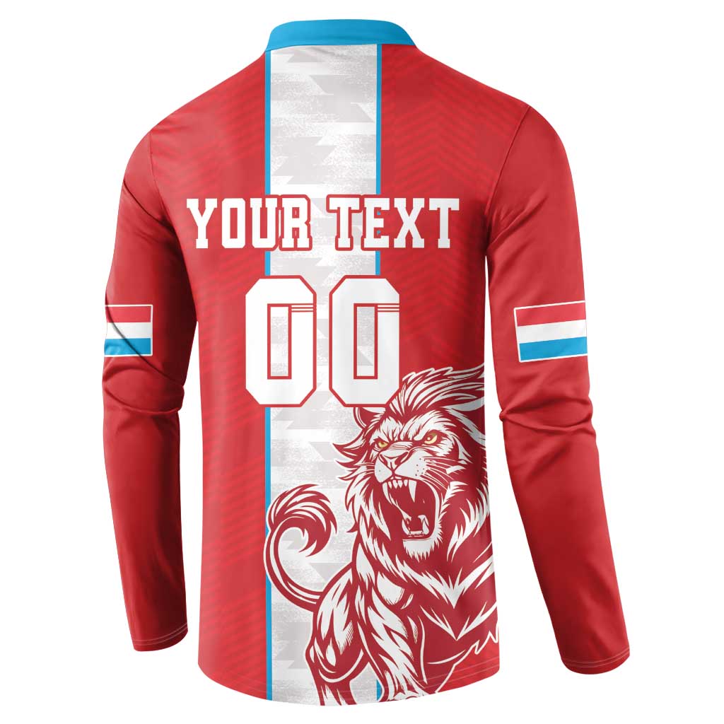 Red football button sweatshirt back with custom text, number 06, lion graphic