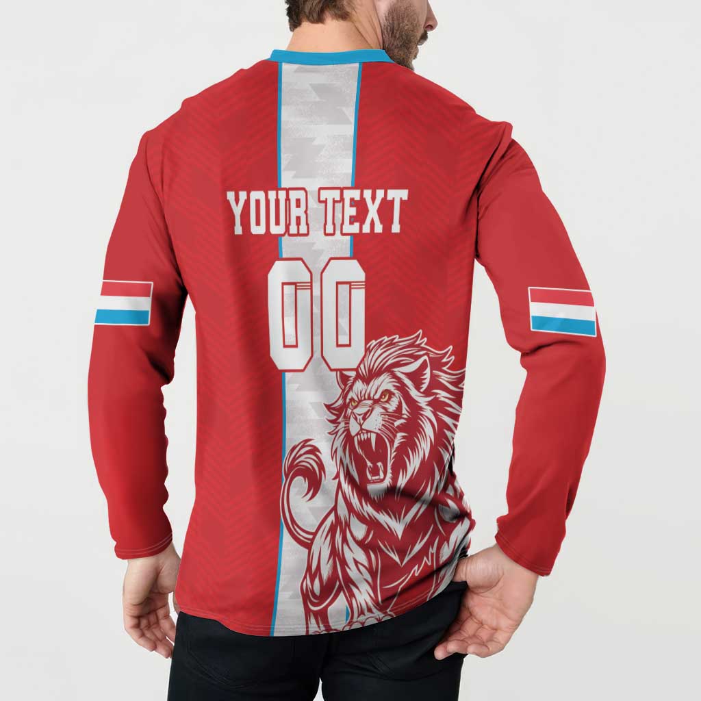Red football button sweatshirt back with YOUR TEXT and 06, lion graphic on panel