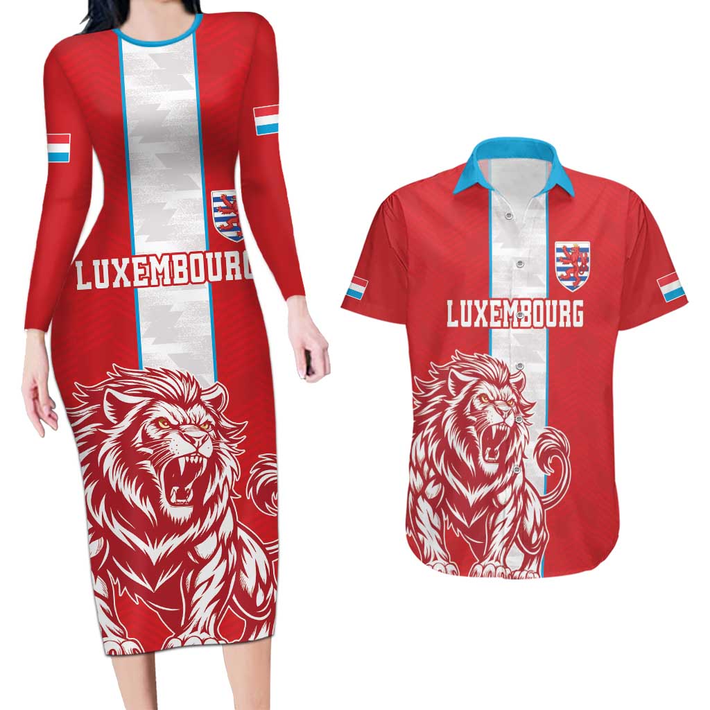 Custom Luxembourg Football Couples Matching Long Sleeve Bodycon Dress and Hawaiian Shirt Les Lions Rouges - Wonder Print Shop