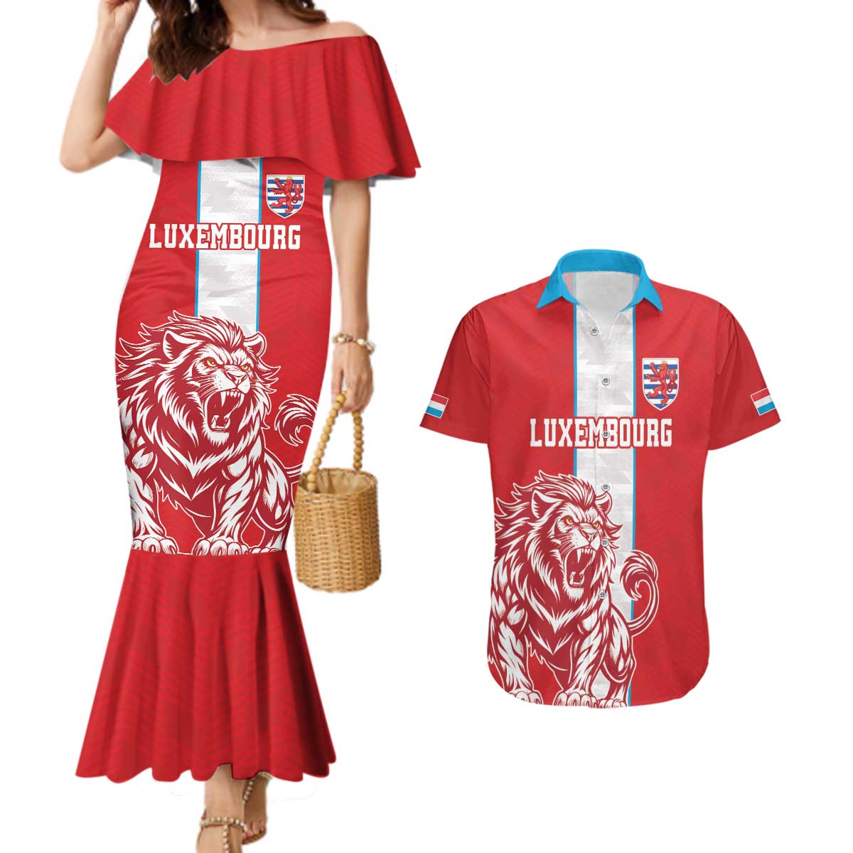 Custom Luxembourg Football Couples Matching Mermaid Dress and Hawaiian Shirt Les Lions Rouges - Wonder Print Shop