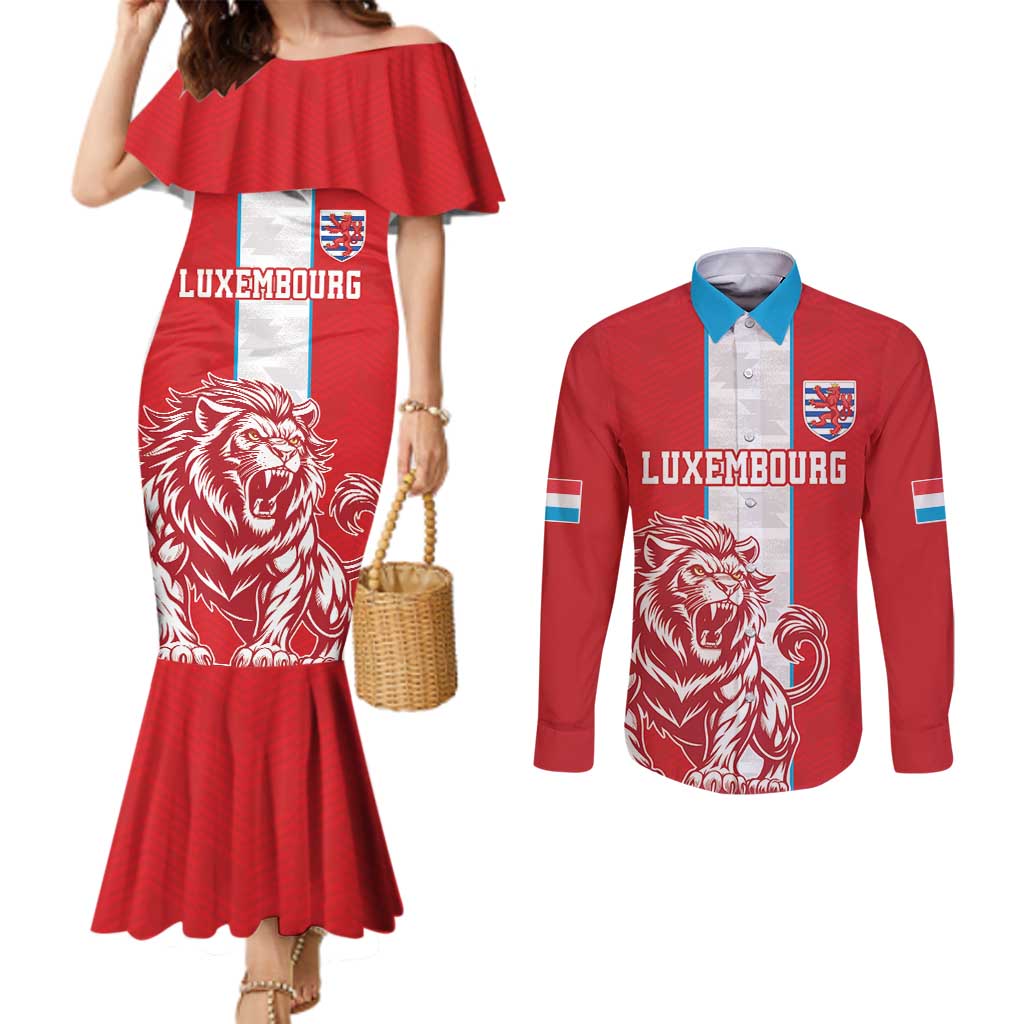 Custom Luxembourg Football Couples Matching Mermaid Dress and Long Sleeve Button Shirt Les Lions Rouges