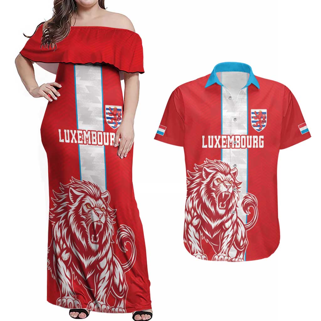 Custom Luxembourg Football Couples Matching Off Shoulder Maxi Dress and Hawaiian Shirt Les Lions Rouges - Wonder Print Shop