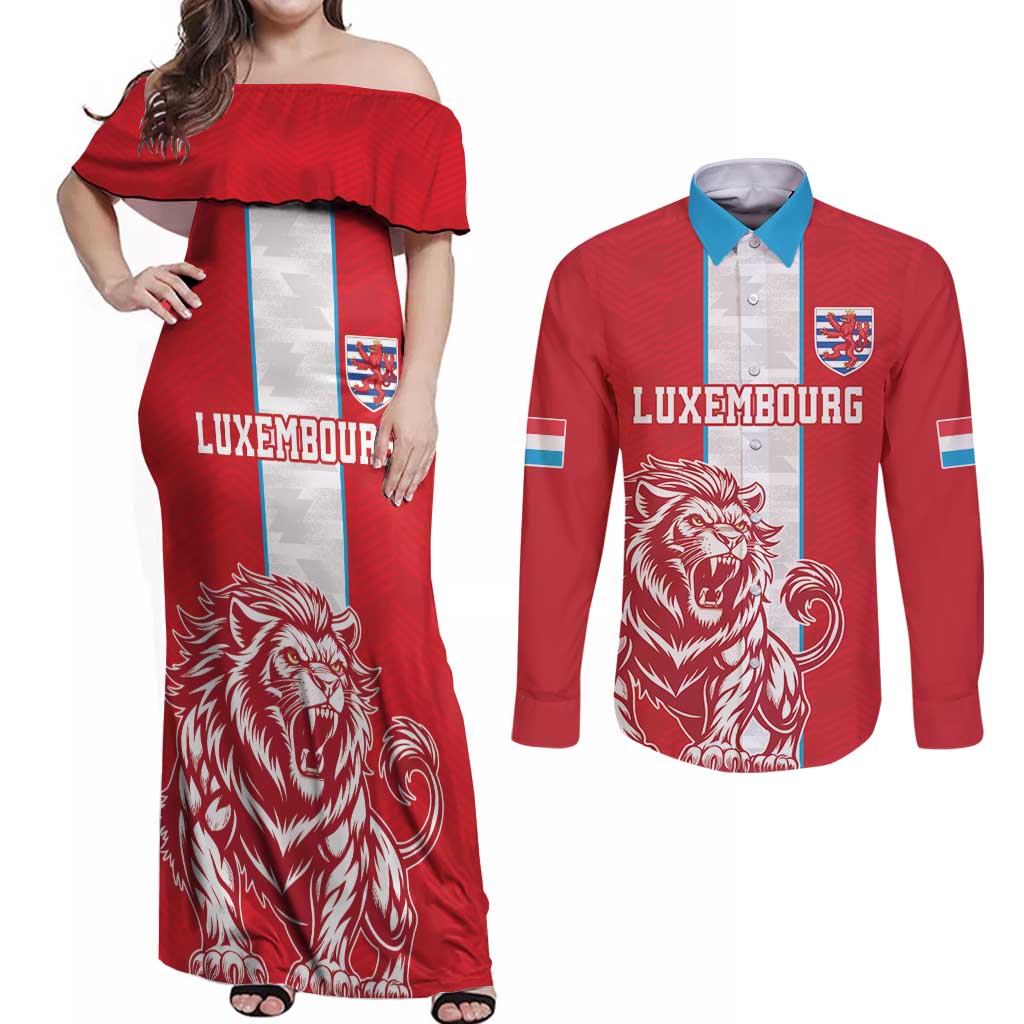 Custom Luxembourg Football Couples Matching Off Shoulder Maxi Dress and Long Sleeve Button Shirt Les Lions Rouges - Wonder Print Shop