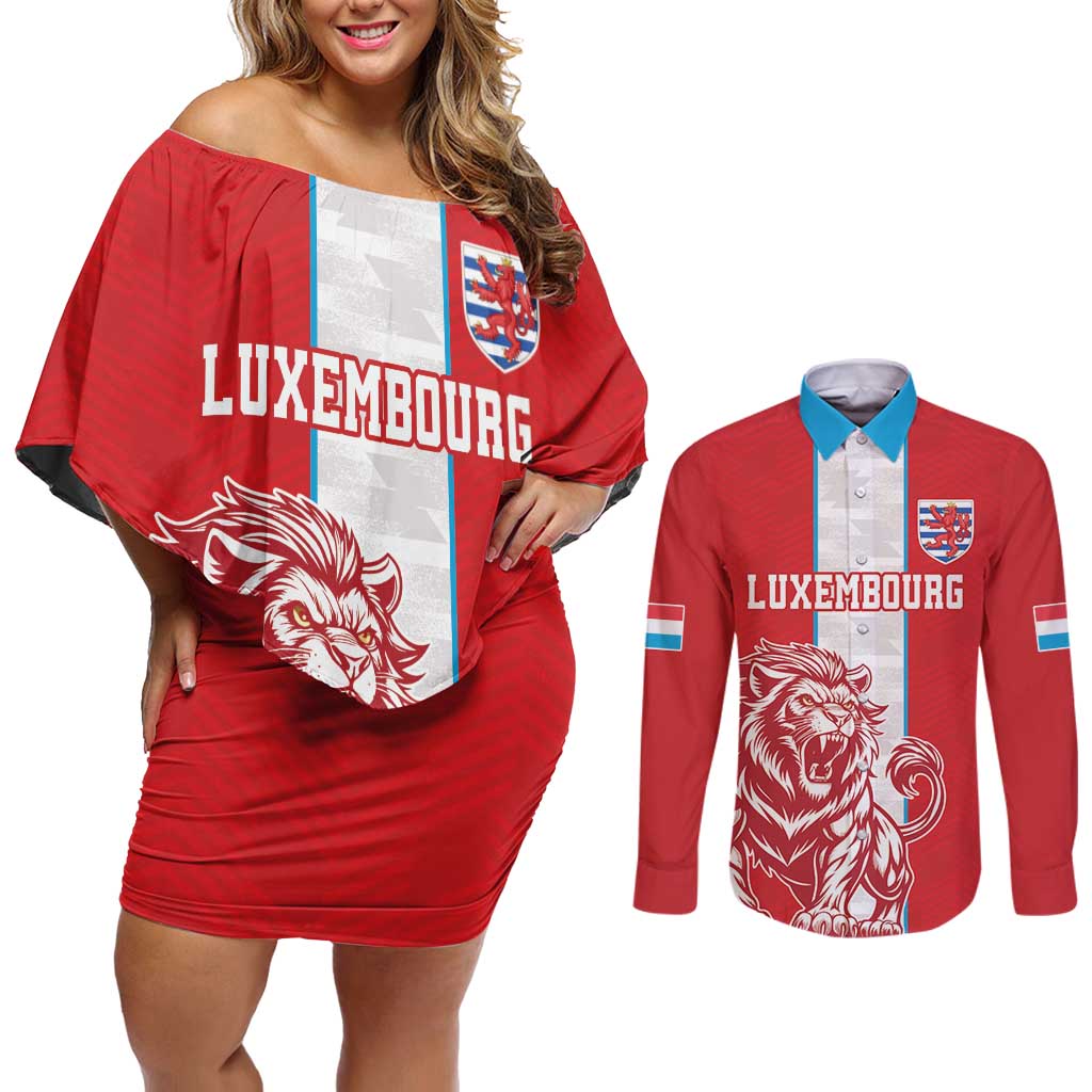 Custom Luxembourg Football Couples Matching Off Shoulder Short Dress and Long Sleeve Button Shirt Les Lions Rouges - Wonder Print Shop