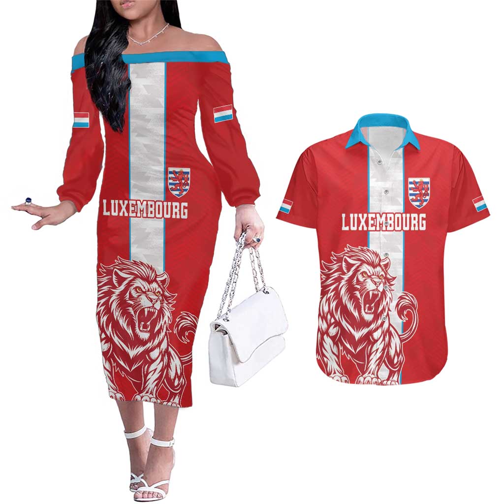 Custom Luxembourg Football Couples Matching Off The Shoulder Long Sleeve Dress and Hawaiian Shirt Les Lions Rouges - Wonder Print Shop