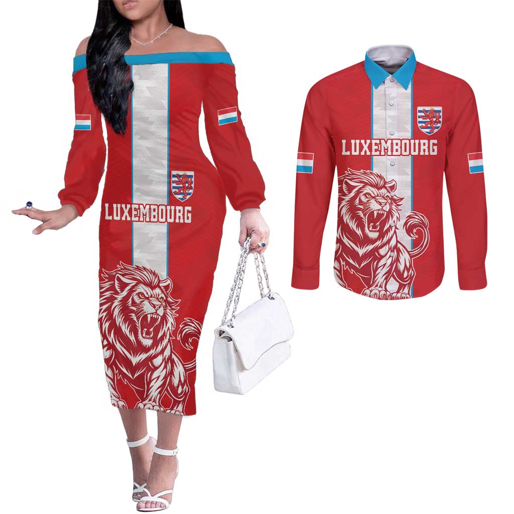 Custom Luxembourg Football Couples Matching Off The Shoulder Long Sleeve Dress and Long Sleeve Button Shirt Les Lions Rouges