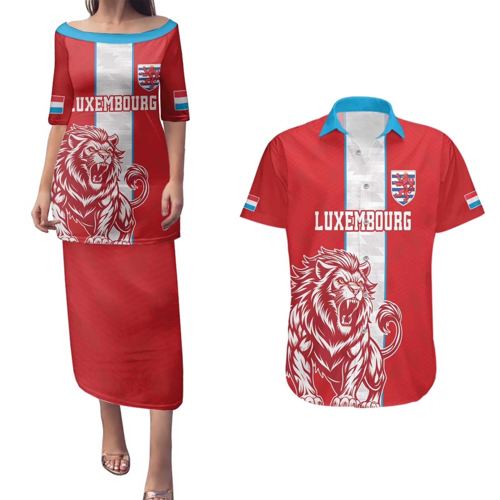 Custom Luxembourg Football Couples Matching Puletasi and Hawaiian Shirt Les Lions Rouges - Wonder Print Shop