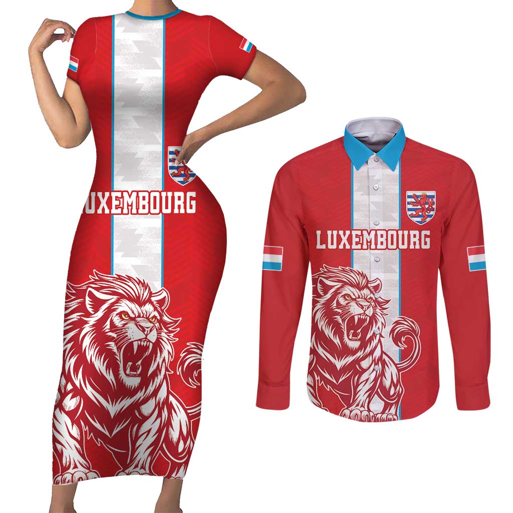 Custom Luxembourg Football Couples Matching Short Sleeve Bodycon Dress and Long Sleeve Button Shirt Les Lions Rouges - Wonder Print Shop