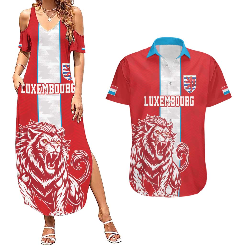 Custom Luxembourg Football Couples Matching Summer Maxi Dress and Hawaiian Shirt Les Lions Rouges - Wonder Print Shop