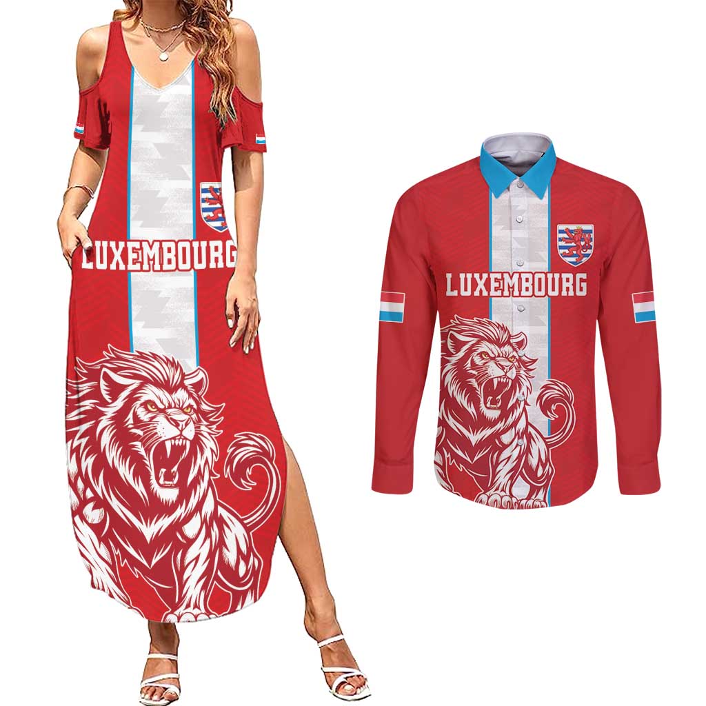 Custom Luxembourg Football Couples Matching Summer Maxi Dress and Long Sleeve Button Shirt Les Lions Rouges - Wonder Print Shop