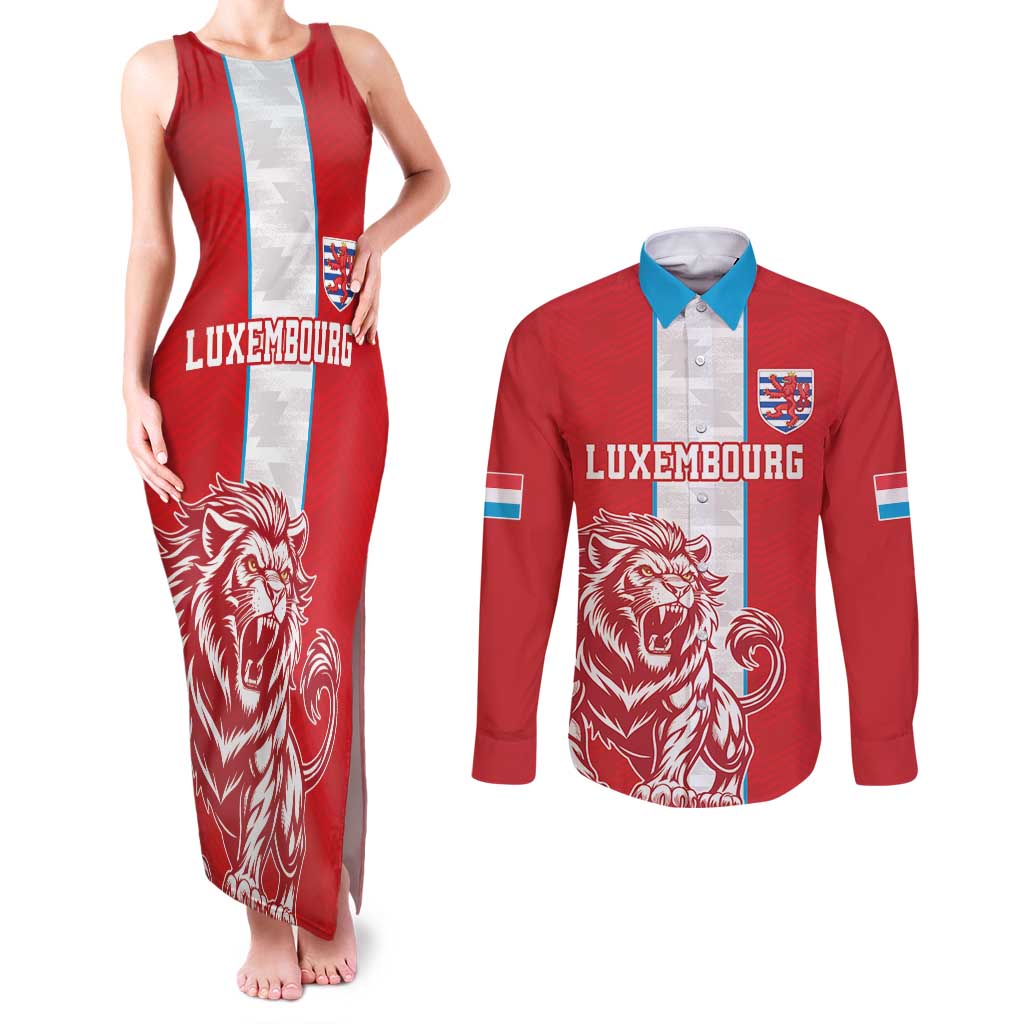 Custom Luxembourg Football Couples Matching Tank Maxi Dress and Long Sleeve Button Shirt Les Lions Rouges - Wonder Print Shop