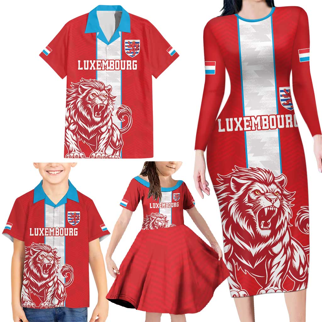 Custom Luxembourg Football Family Matching Long Sleeve Bodycon Dress and Hawaiian Shirt Les Lions Rouges - Wonder Print Shop