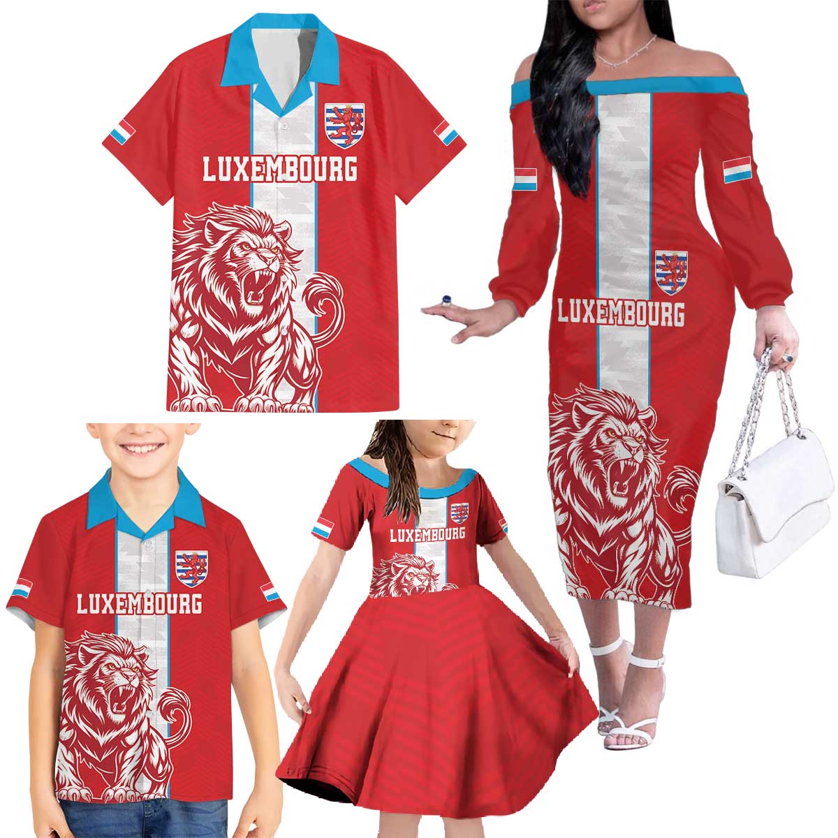 Custom Luxembourg Football Family Matching Off The Shoulder Long Sleeve Dress and Hawaiian Shirt Les Lions Rouges - Wonder Print Shop