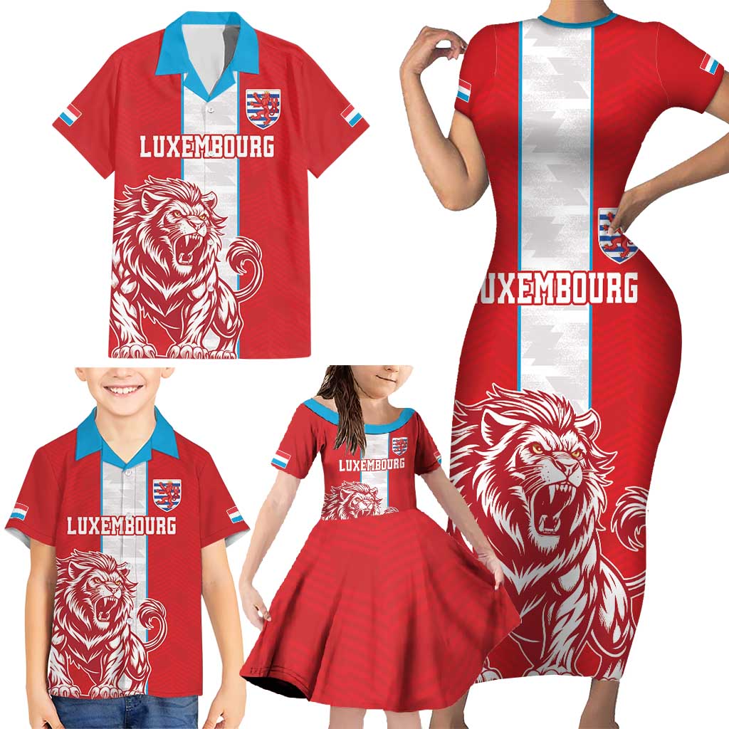 Custom Luxembourg Football Family Matching Short Sleeve Bodycon Dress and Hawaiian Shirt Les Lions Rouges - Wonder Print Shop