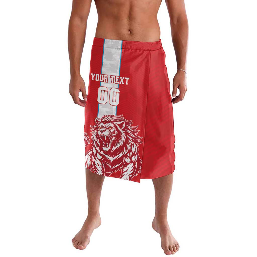 Red custom football shorts with elastic waistband and large lion graphic front panel