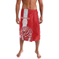 Red custom football shorts with elastic waistband and large lion graphic front panel
