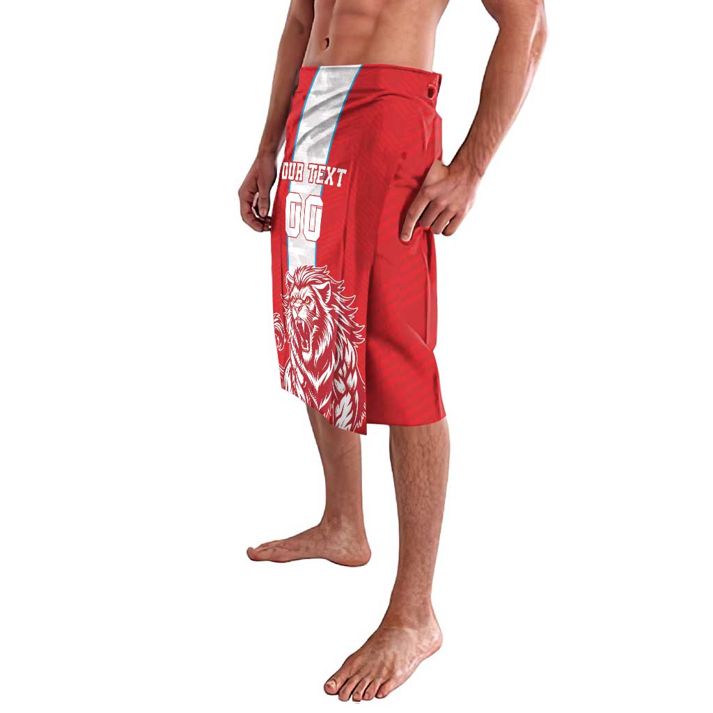Red custom shorts with white side stripe, number patch, and lion artwork