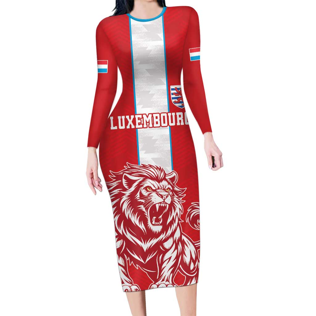 Custom Luxembourg Football Long Sleeve Bodycon Dress Les Lions Rouges - Wonder Print Shop