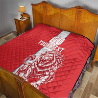 Red quilt on bed with white stripe, lion graphic, 'YOUR TEXT' and 00