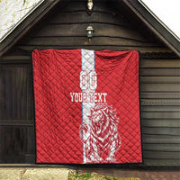 Red quilt hanging on wooden doors, white stripe, lion graphic, 'YOUR TEXT' and 00