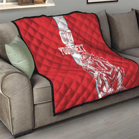 Red quilt draped on sofa with white stripe, lion graphic, 'YOUR TEXT' and 00