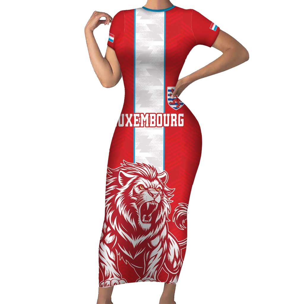 Custom Luxembourg Football Short Sleeve Bodycon Dress Les Lions Rouges - Wonder Print Shop