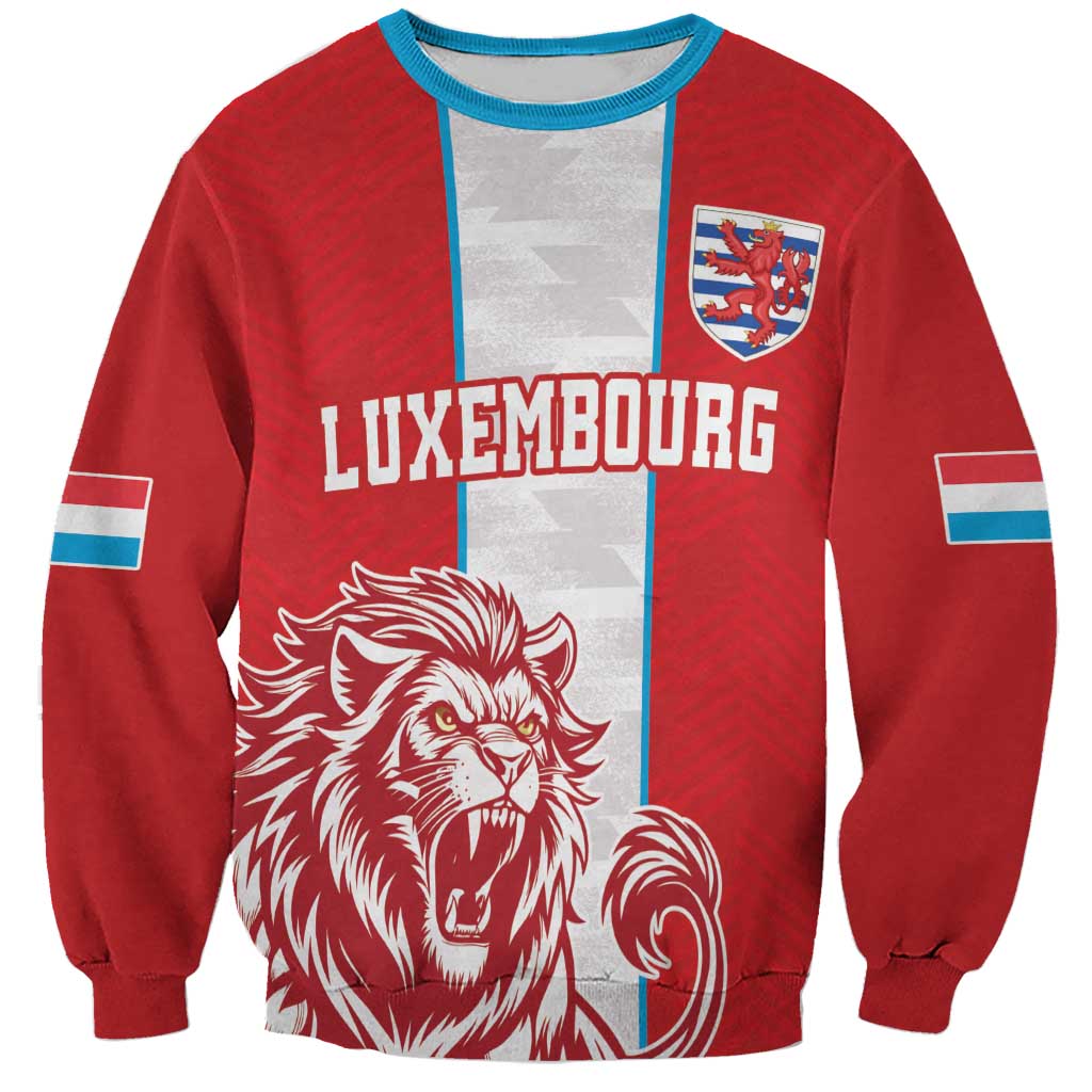 Red football sweatshirt with gray center panel, blue trim, lion graphic and Luxembourg text