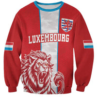 Red football sweatshirt with gray center panel, blue trim, lion graphic and Luxembourg text