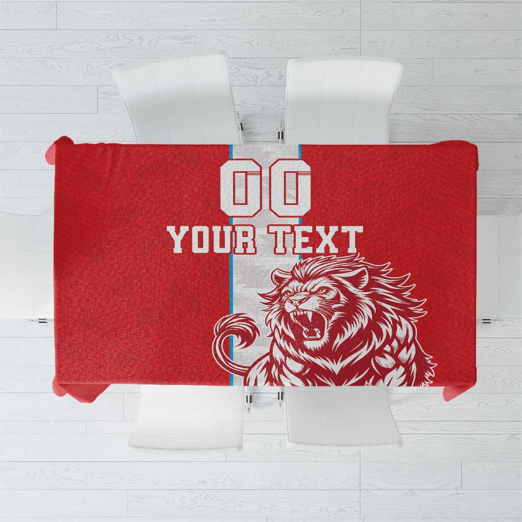 Custom red football tablecloth with bold lion and “YOUR TEXT” design in white