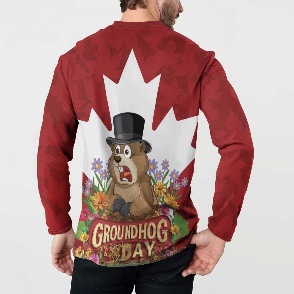 Funny Groundhog Day Button Sweatshirt Canadian Maple Leaf - Wonder Print Shop