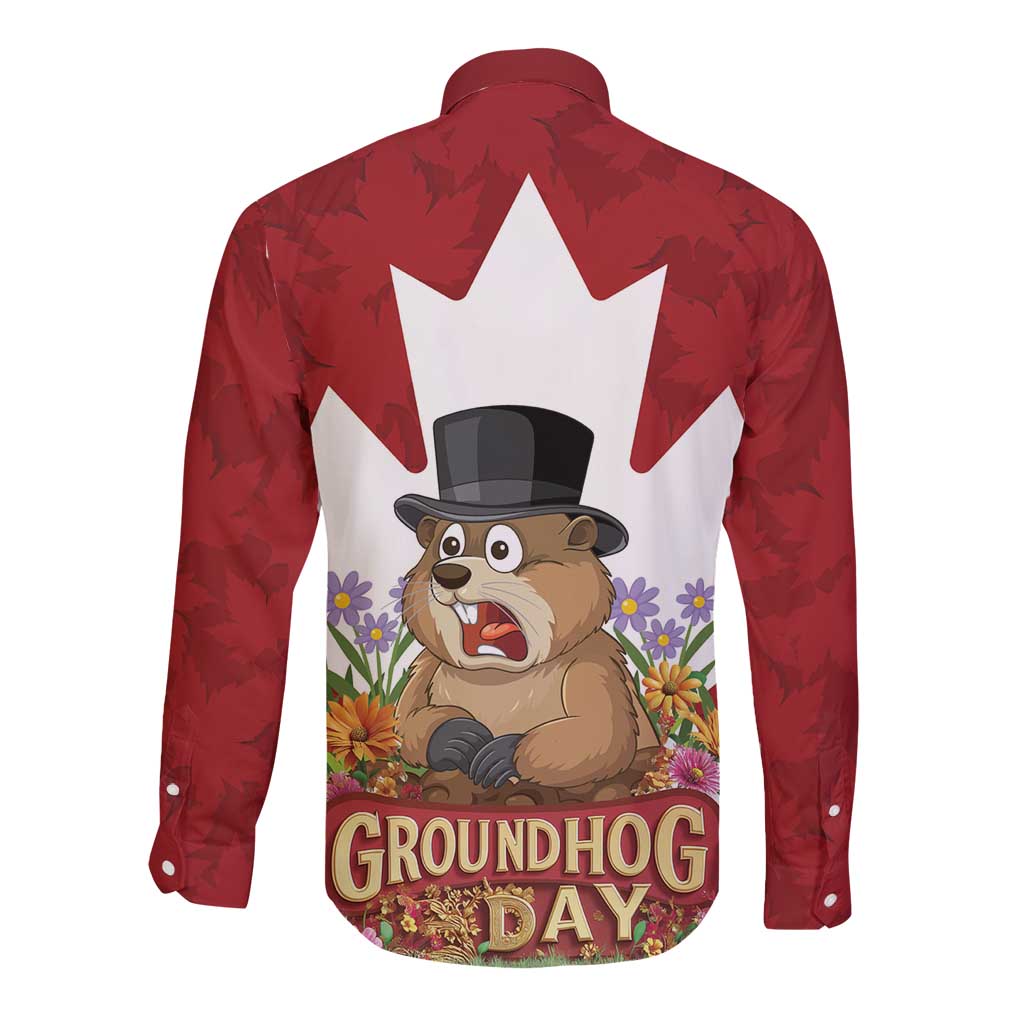 Funny Groundhog Day Long Sleeve Button Shirt Canadian Maple Leaf - Wonder Print Shop