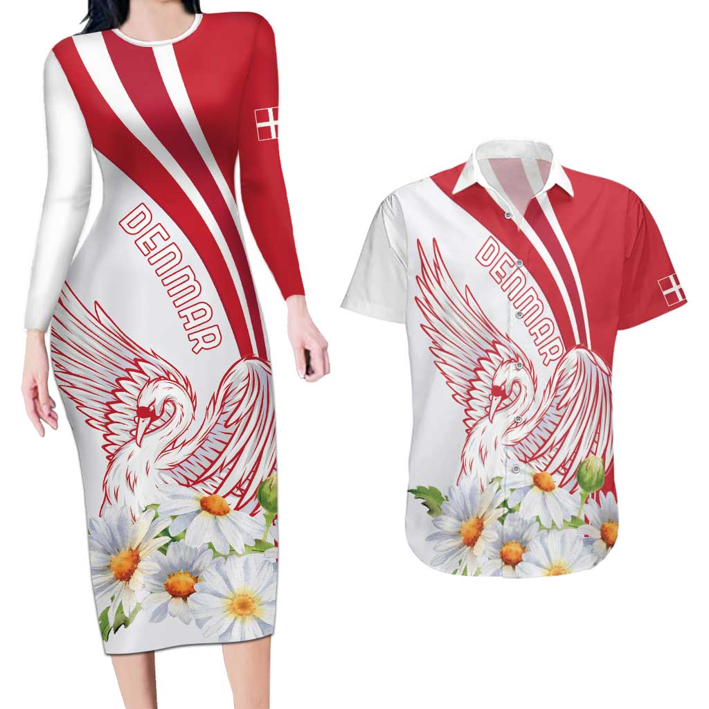 Personalized Denmark Couples Matching Long Sleeve Bodycon Dress and Hawaiian Shirt Mute Swan With Marguerite Daisy