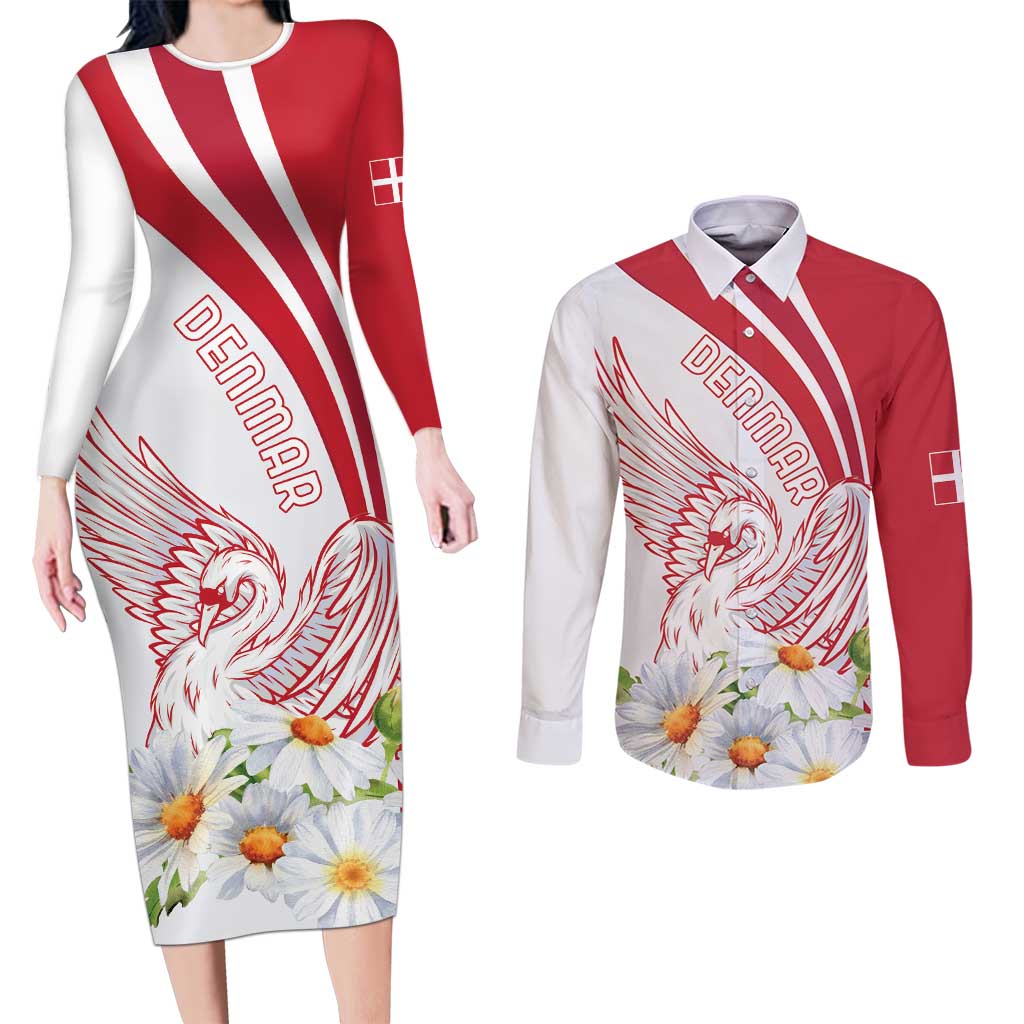 Personalized Denmark Couples Matching Long Sleeve Bodycon Dress and Long Sleeve Button Shirt Mute Swan With Marguerite Daisy