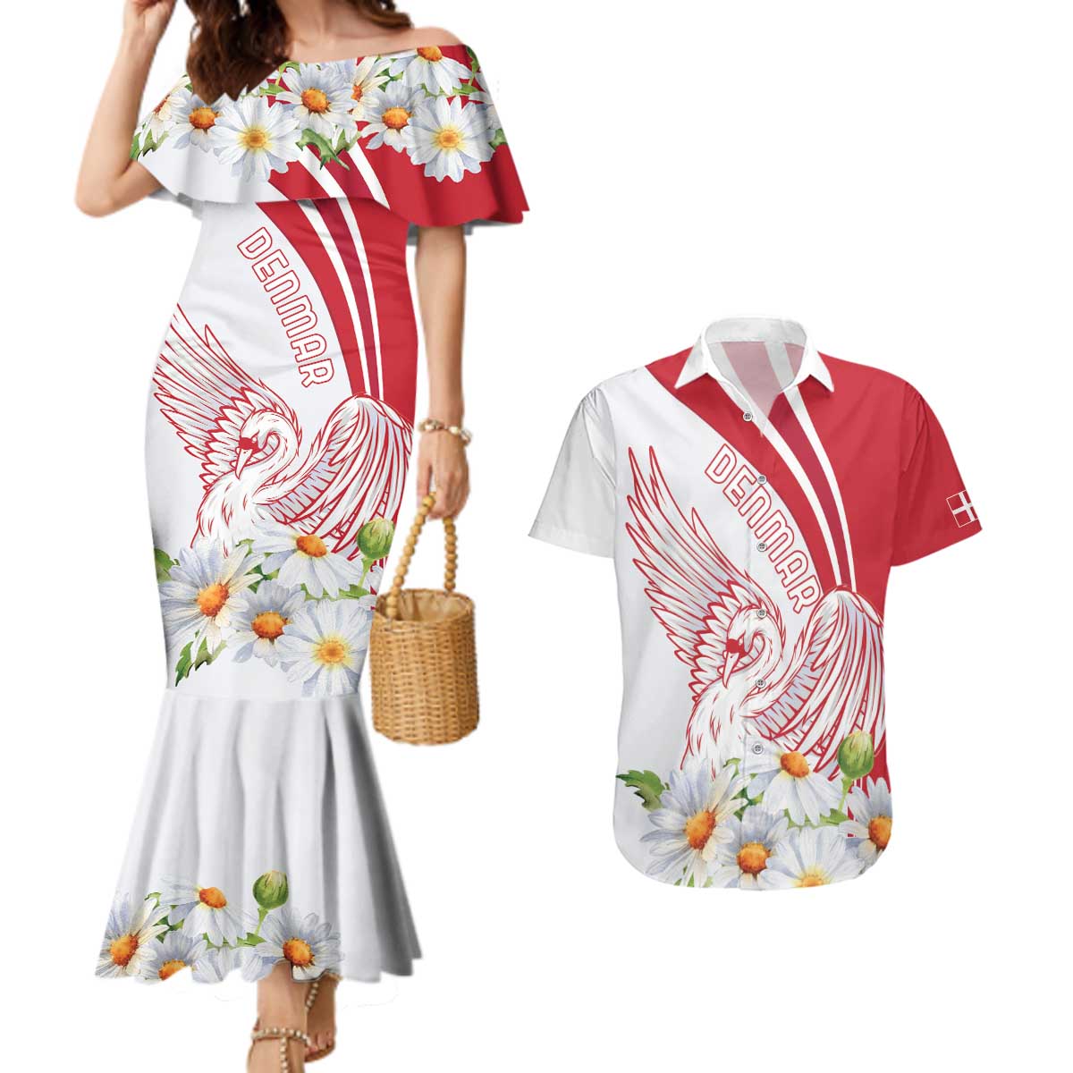 Personalized Denmark Couples Matching Mermaid Dress and Hawaiian Shirt Mute Swan With Marguerite Daisy