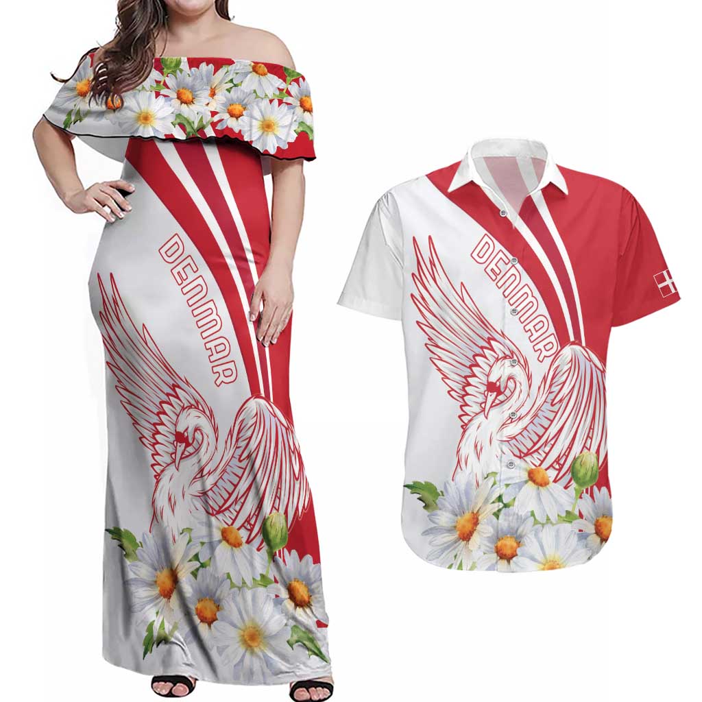 Personalized Denmark Couples Matching Off Shoulder Maxi Dress and Hawaiian Shirt Mute Swan With Marguerite Daisy