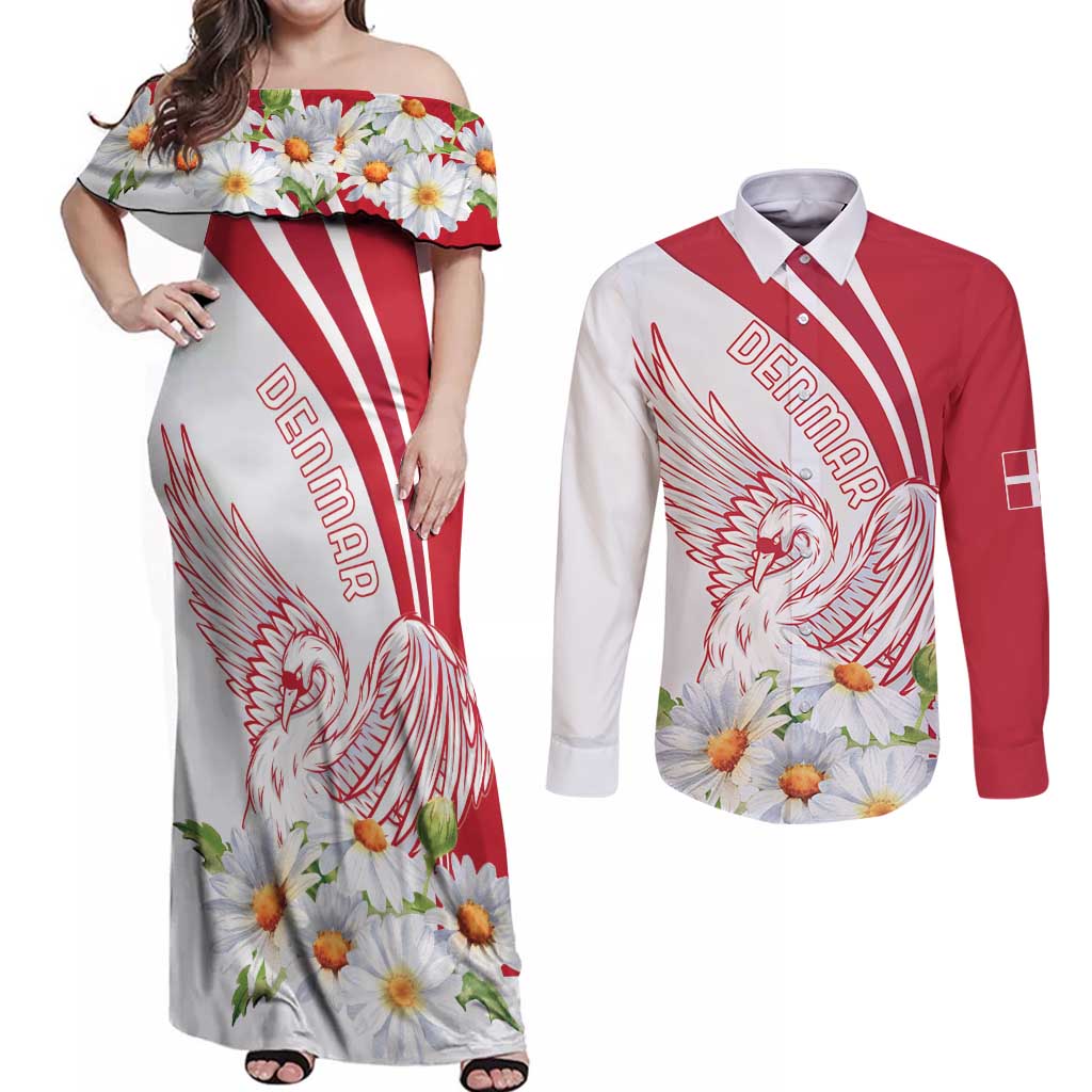 Personalized Denmark Couples Matching Off Shoulder Maxi Dress and Long Sleeve Button Shirt Mute Swan With Marguerite Daisy