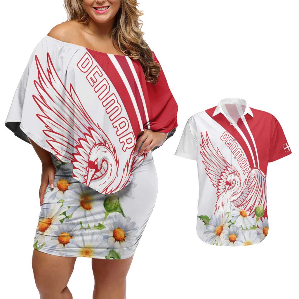 Personalized Denmark Couples Matching Off Shoulder Short Dress and Hawaiian Shirt Mute Swan With Marguerite Daisy