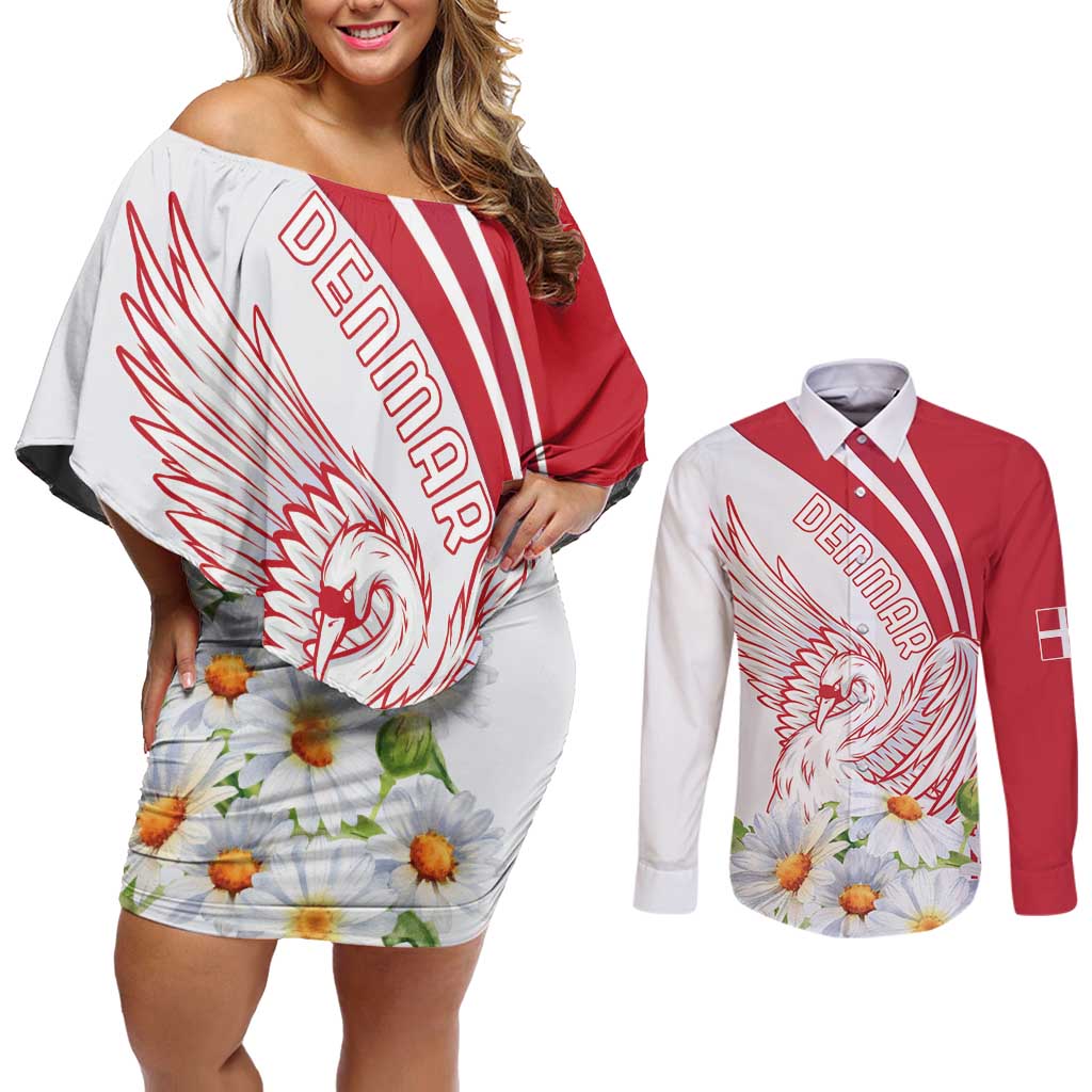 Personalized Denmark Couples Matching Off Shoulder Short Dress and Long Sleeve Button Shirt Mute Swan With Marguerite Daisy