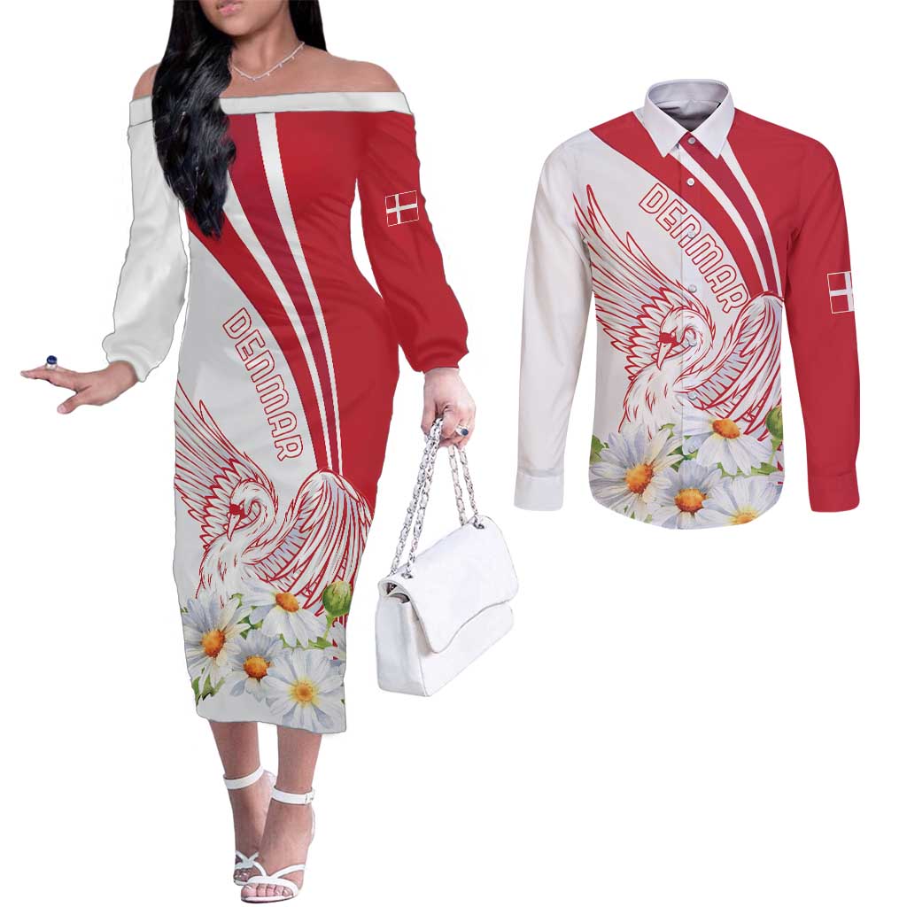 Personalized Denmark Couples Matching Off The Shoulder Long Sleeve Dress and Long Sleeve Button Shirt Mute Swan With Marguerite Daisy