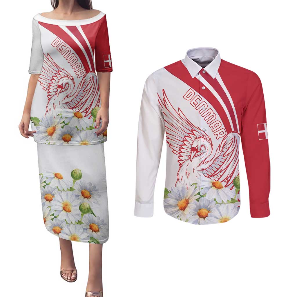 Personalized Denmark Couples Matching Puletasi and Long Sleeve Button Shirt Mute Swan With Marguerite Daisy