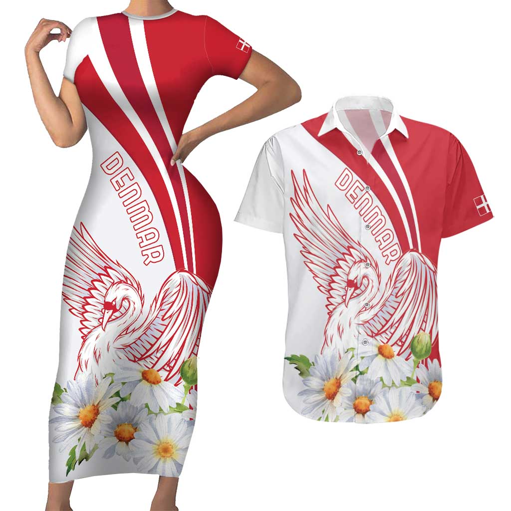 Personalized Denmark Couples Matching Short Sleeve Bodycon Dress and Hawaiian Shirt Mute Swan With Marguerite Daisy