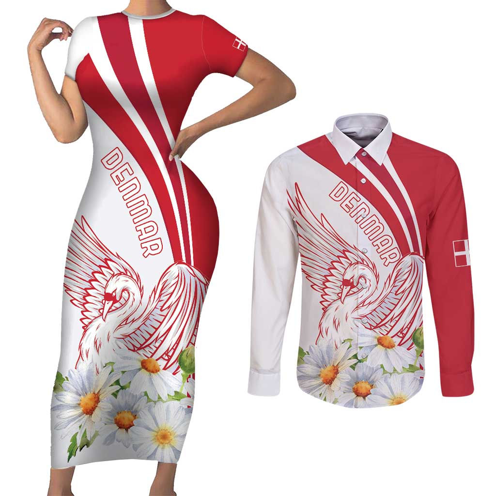 Personalized Denmark Couples Matching Short Sleeve Bodycon Dress and Long Sleeve Button Shirt Mute Swan With Marguerite Daisy