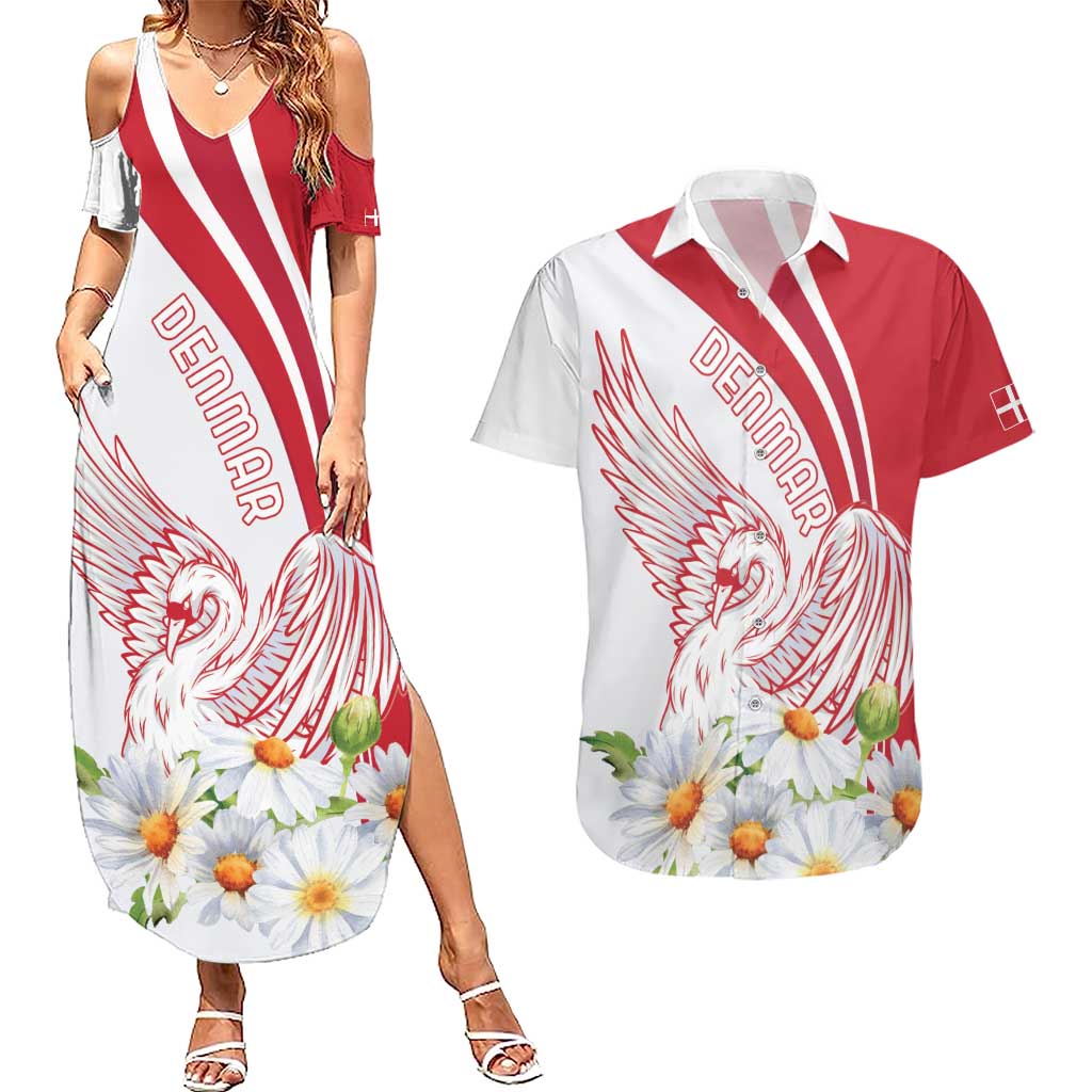 Personalized Denmark Couples Matching Summer Maxi Dress and Hawaiian Shirt Mute Swan With Marguerite Daisy