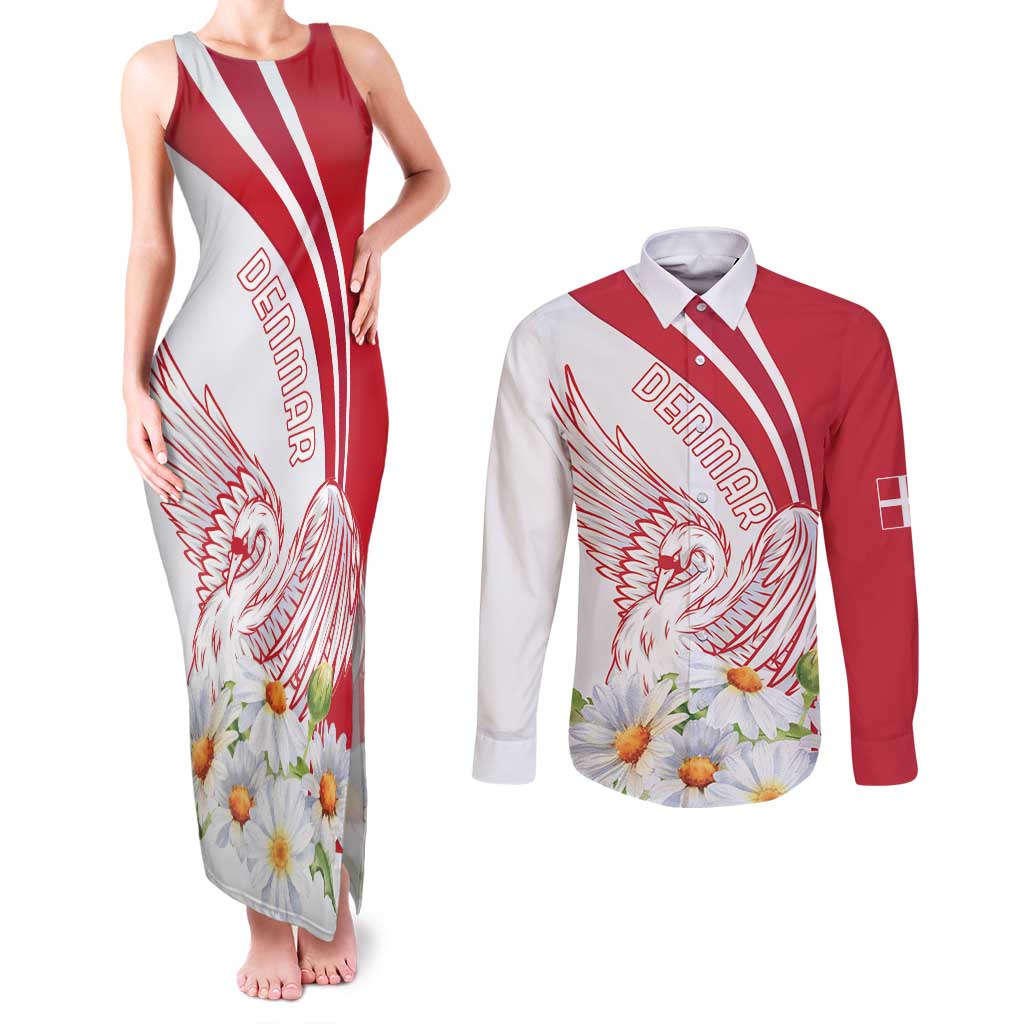 Personalized Denmark Couples Matching Tank Maxi Dress and Long Sleeve Button Shirt Mute Swan With Marguerite Daisy