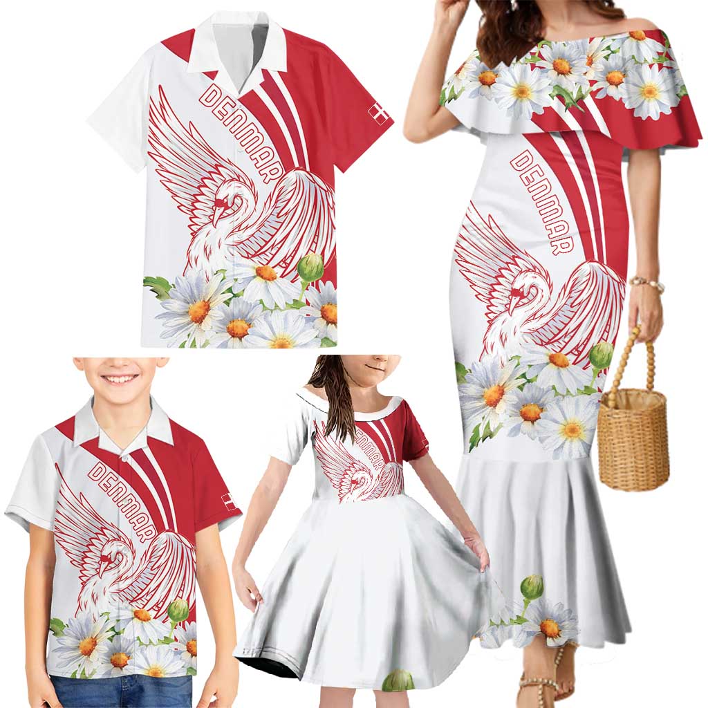 Personalized Denmark Family Matching Mermaid Dress and Hawaiian Shirt Mute Swan With Marguerite Daisy