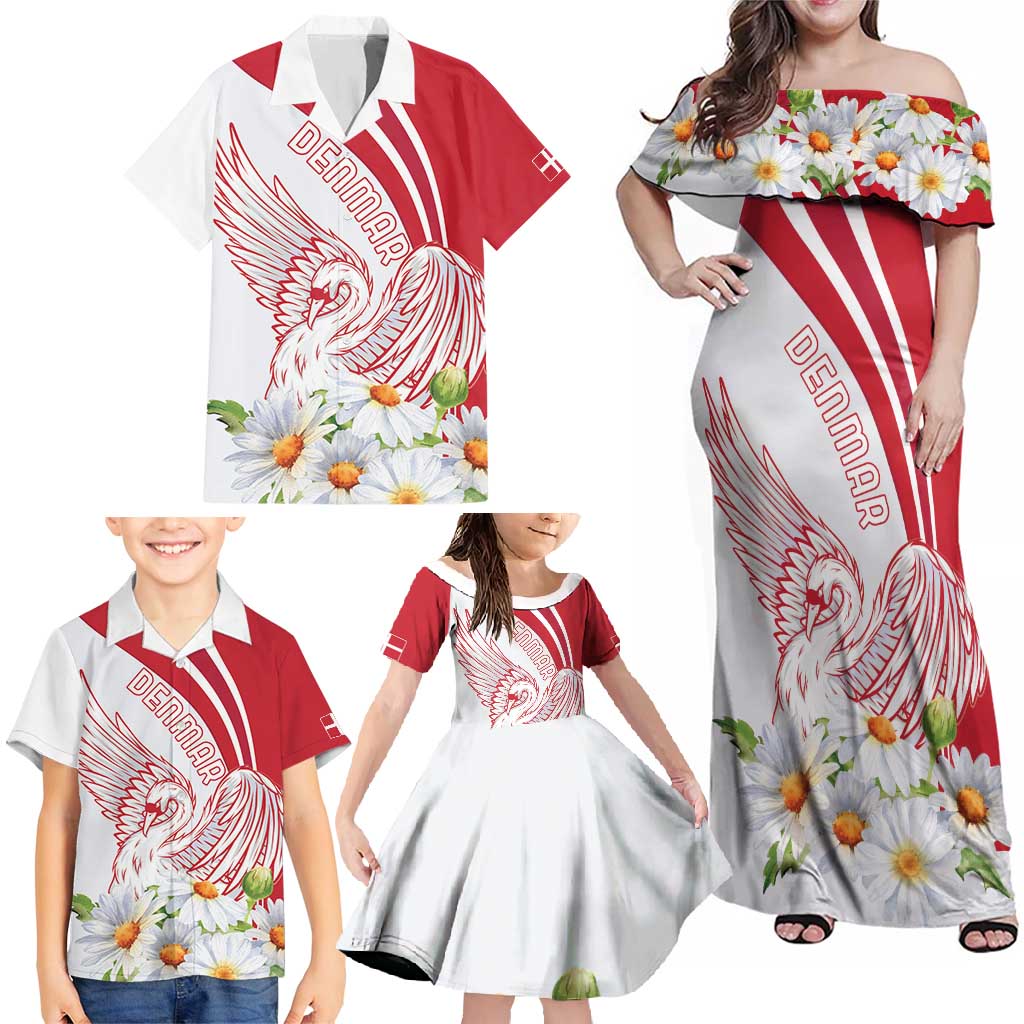 Personalized Denmark Family Matching Off Shoulder Maxi Dress and Hawaiian Shirt Mute Swan With Marguerite Daisy