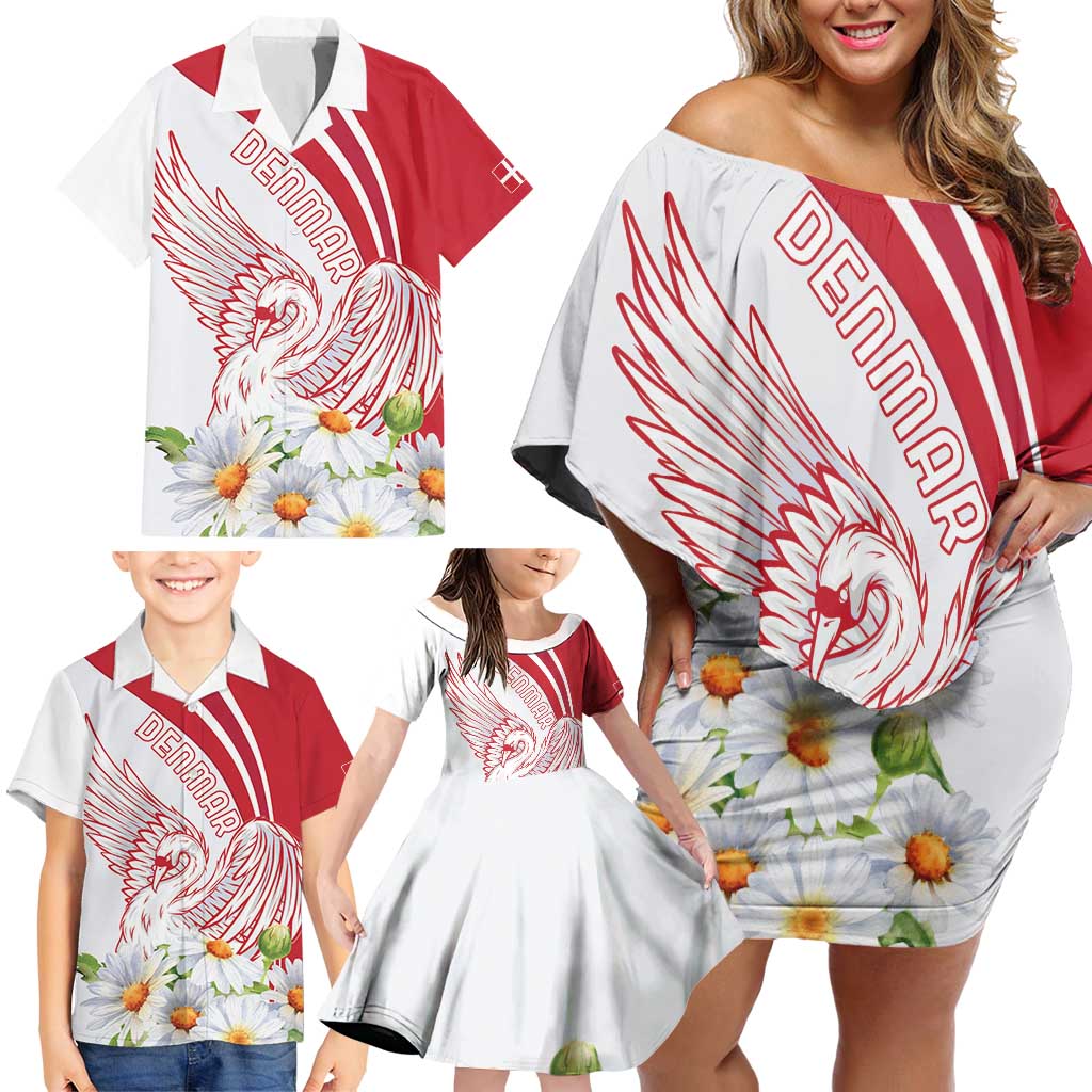 Personalized Denmark Family Matching Off Shoulder Short Dress and Hawaiian Shirt Mute Swan With Marguerite Daisy