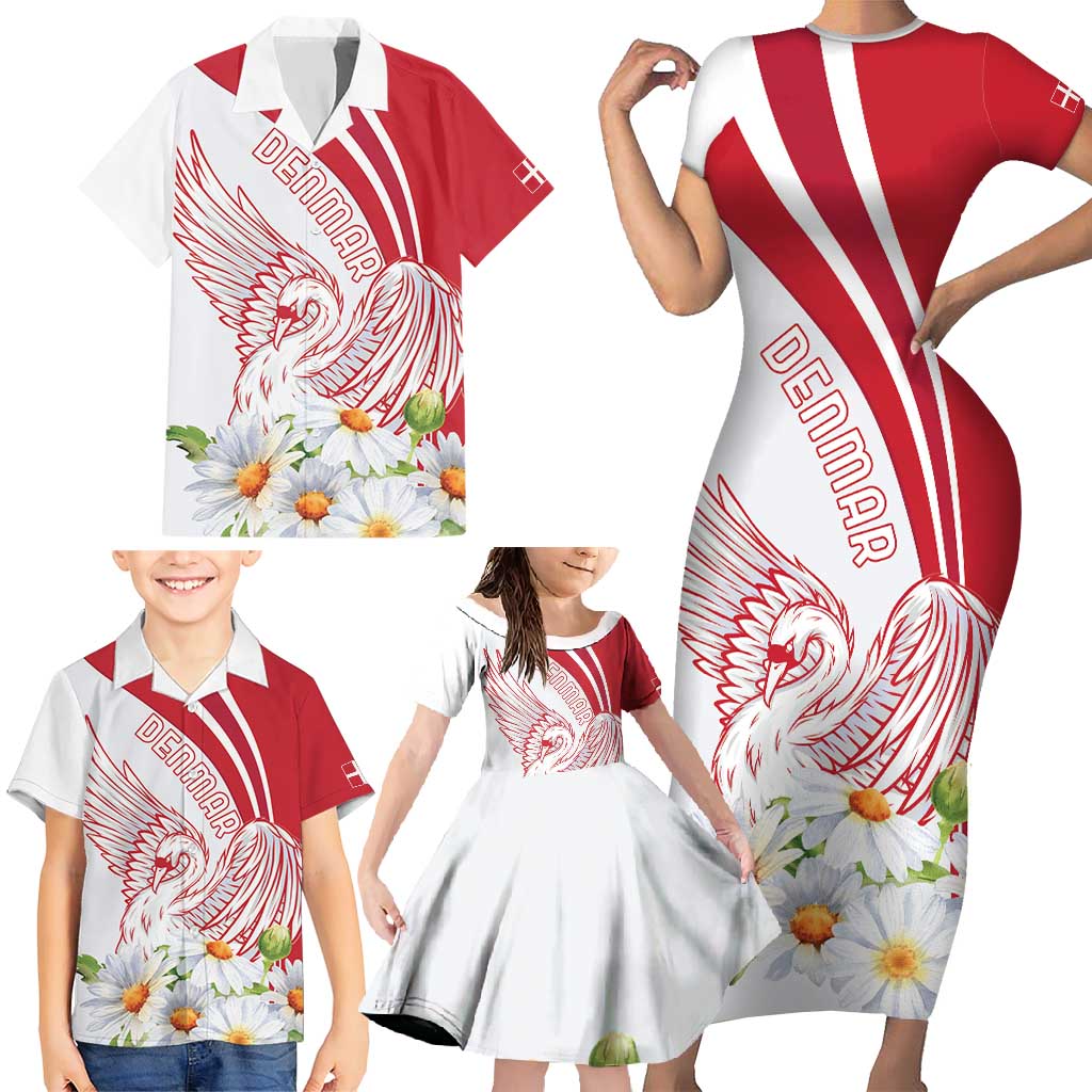 Personalized Denmark Family Matching Short Sleeve Bodycon Dress and Hawaiian Shirt Mute Swan With Marguerite Daisy