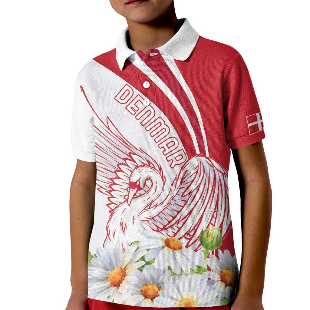 Personalized Denmark Kid Polo Shirt Mute Swan With Marguerite Daisy